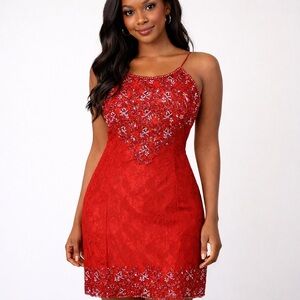 Red Bead and Pearl Lace Cocktail Slip Dress